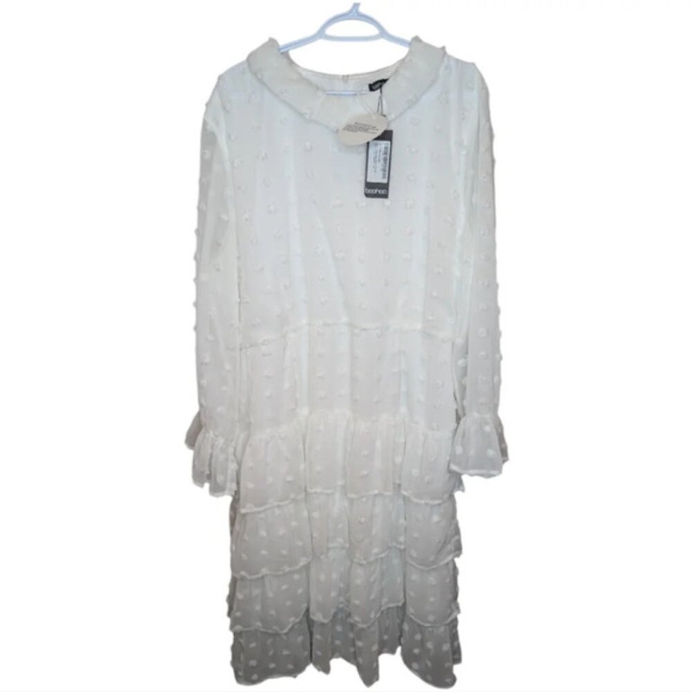 NWT BOOHOO Plus White Swiss  Polka Dot Ruffle Tiered Midi Dress Size 20 - Picture 2 of 13